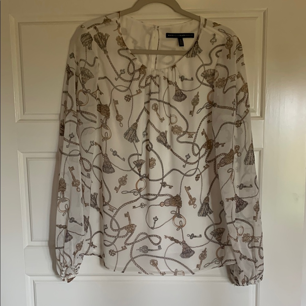 White House Black Market Blue and White Blouse with Bishop Sleeves